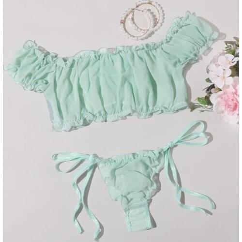 2021 Sexy Bow Lace Up Lingerie Set Ruffles Ruched Mesh Sheer Tops and Bandage Panties Green Lingeries for Honeymoon Exotic Set