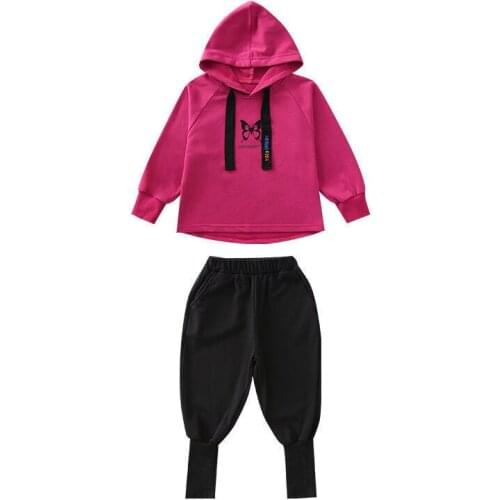 Girls' suit spring and autumn new Korean childrens cartoon butterfly hoodie sweater + harem trousers two-piece suit 3-10Y