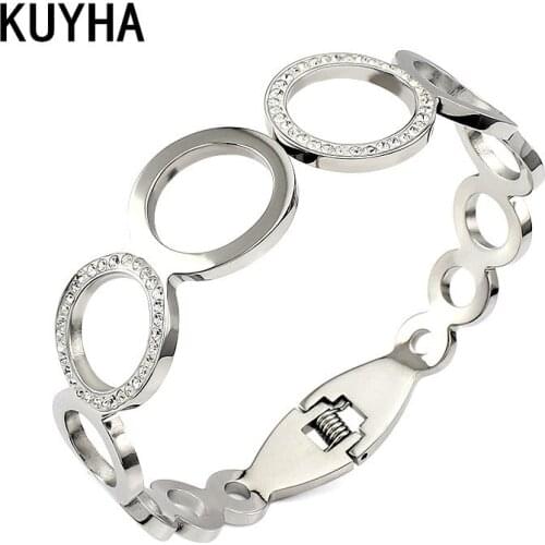 Round Geometric Rhinestone Silver Color Stainless Steel Bangle Women Crystal Wedding Zircons Jewelry Pulseira Feminina