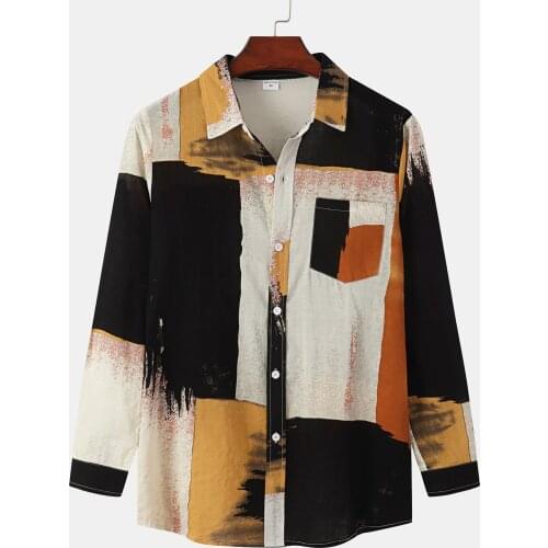 Fashion Mens Shirts 2021 Casual Autumn Color Splice Print Shirt Slim Fit Long Sleeve Button Turn-Down Collar Plus Size Tops