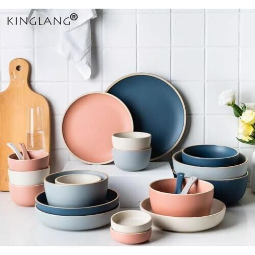 KINGLANG Tableware Set Nordic Style Ceramic Dishes Home Steak Plate Dinner Bowl Rice Bowl Breakfast Lunch Plate