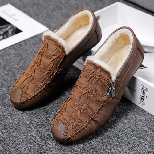 New Autumn Winter Warm Plush Men Casual Slip on Loafer Shoes Male Dress Driving Footwear Comfortable Unisex Boy Spring Flats