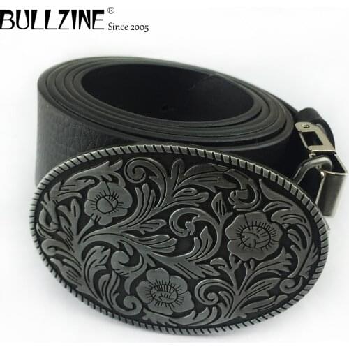Bullzine zinc alloy retro western flower belt buckle jeans gift belt buckle Free PU belt FP-02590 drop shipping