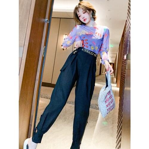 High waist chain belt loose cover meat tooling casual Harem Pants womens wear 2021 Spring new