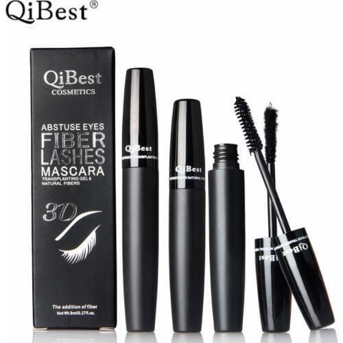 QiBest 2Pcs/Set Black Thick Eyelash Mascara + Fiber Eyelash Makeup Waterproof Curling Lengthening Eye Lashes 3D Mascara Cosmetic