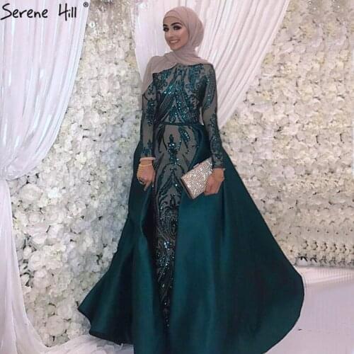Serene Hill Green Luxury Muslim Long Sleeves Mermaid with Detachable Train Evening Dresses Gowns 2021 DLA6613