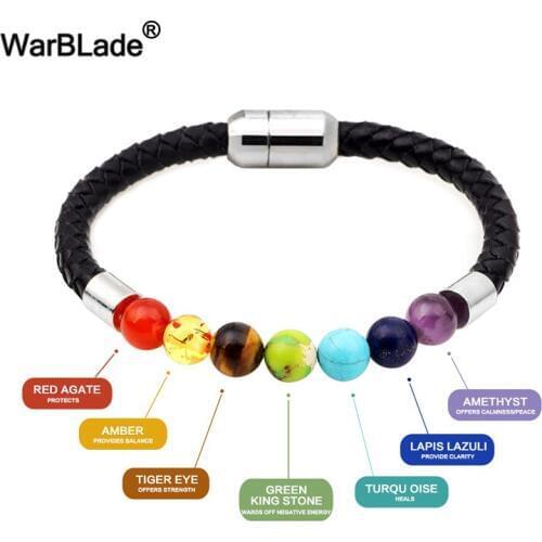 WarBLade 7 Reiki Chakra Healing Bracelet Natural Stone Beads Bracelets Braided Genuine Leather Bracelets Bangles For Men Women