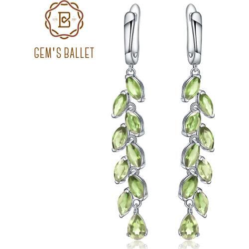 GEMS BALLET 5.3Ct Natural Green Peridot Gemstone Earrings 925 Sterling Sliver Leaves & Branches Drop Earrings For Women Jewelry
