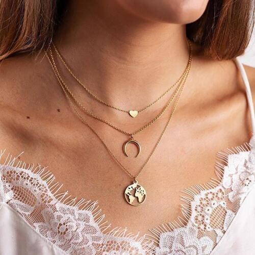 Delicate Heart Necklaces for Women Fashion Gold Chain Long Moon Map Statement Necklace Multilayer Pendant Bohemia Choker Jewelry