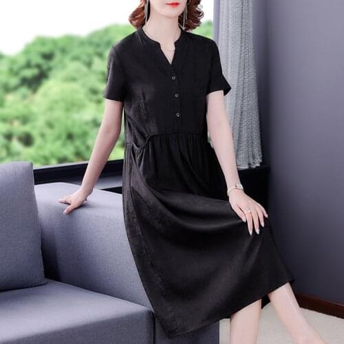 Summer Vintage Black Jacquard Mulberry Silk Midi Shirt Dress 2021 Casual Loose Beach Dress Women Elegant Bodycon Party Vestidos
