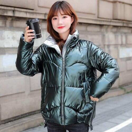 ISENMAL Winter Glossy Bright Bubble Coat Women Casual Stand Collar Zipper Short Parkas Solid Thick Female Cotton Padded Jacket