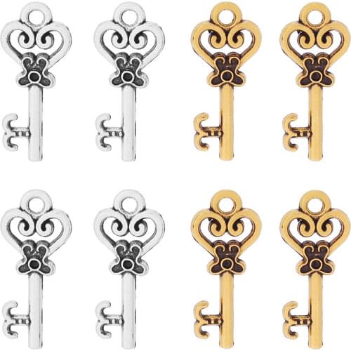 ZXZ 50pcs Tibetan Silver/Gold Tone Santa Key Skeleton Charms Pendants for Necklace Jewelry Making DIY Accessories 21x9mm