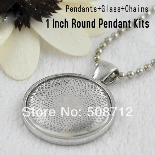 30sets 25mm antique silver Pendant Trays with Glass Cabochons and Link or Ball Chains Choice of Colors