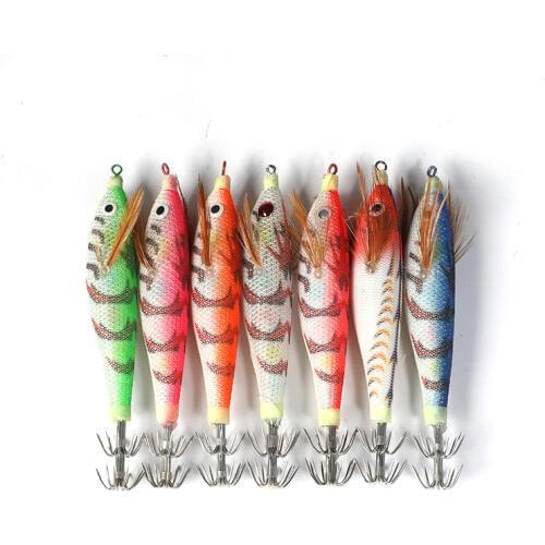 7Pcs Luminous Squid Jig Shrimp Fishing Lure Cuttlefish Jigs Lures Spinnerbait Wood Shrimp Bait