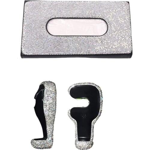 Bling Car Visor Tissue Holder Leather Crystal Sun Visor Paper Case & Bling Car Back Seat Headrest Holder Hooks for Women