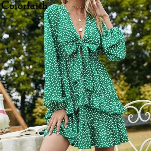 Colorfaith New 2021 Women Summer Mini Dresses Floral Fashionable Cutout Sexy Bow Elegant Ruffles Lady Vintage Dress DR8201AB