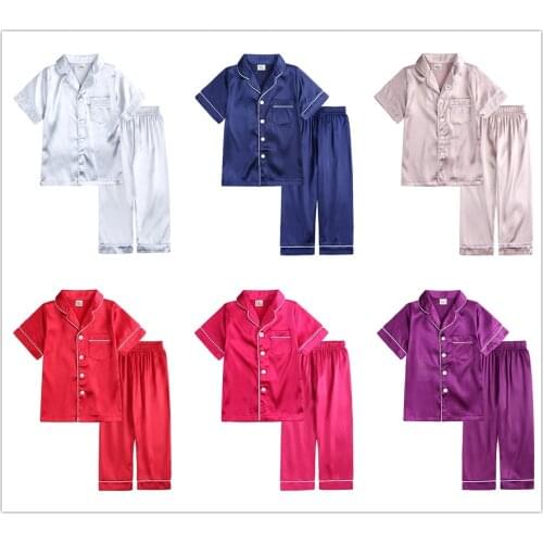 Baby Summer Satin Pajama Sets Boys Clothes Toddler Short Sleeve Tops Pants Kids Pajamas Girls 2 Pieces Set Sleepwear