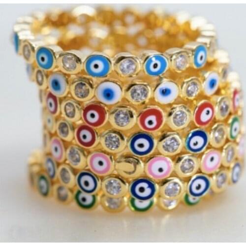 Good Quality Rainbow Evil Eye Rhinestone Filled Gold Rings For Women Vintage Mini Mens Ring on Finger Devil Jewelry for Female