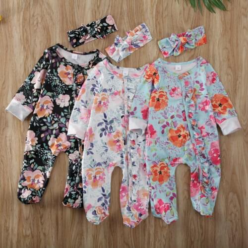 Newborn Baby Girl Floral Long Sleeve Romper Jumpsuit +Headband Clothes Outfit Set