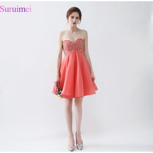 Short Coral Prom Dresses Chiffon Beaded Corset Lace Up Back Knee Length Beaded Prom Gown