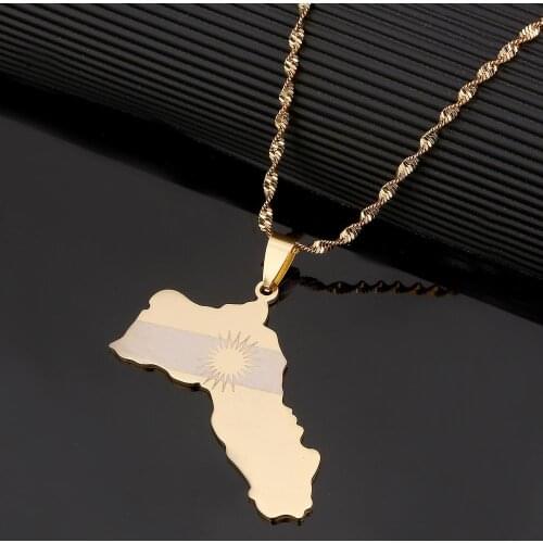 Stainless Steel Gold Color Kurdistan Map Pendant Necklaces Kurdish Flag Charm Jewelry