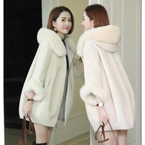 Lanxirui New Winter Clothing Imitate Fur Coat Female Mid-length Imitate Fox Fur Collar Hooded Imitate Sheep Shearing Women Coat
