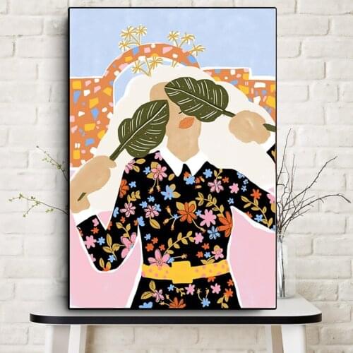 Fashion Woman Posters and Prints Girl Monstera Leaf Flower Bird Wall Art Canvas Painting Nordic Wall Pictures for Interior Home