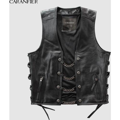 CARANFIER Mens Genuine Leather Rock Vests Metal Chain Biker Vest Motorcycle Sleeveless Real Leather Jackets DHL Free Shipping