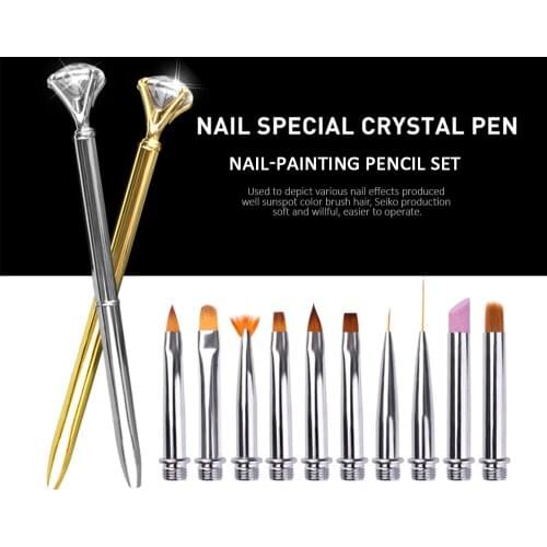 Nail Art Brush Kit 10pcs Replacement head UV Gel Polish Painting Drawing Brushes Pen Nail Dotting Manicure Clean Brush Tools