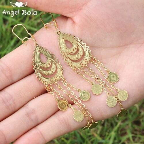New Fashion Arab Womens Golden Drop Shaped Long Tassel Pendant Earrings Muslim Luxury Jewelry Party Wedding Holiday Gift