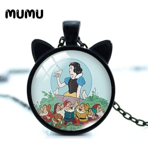 2021 New Snow White Cat Ear Necklace The Seven Dwarfs Glass Dome Pendant Round Photo Jewelry Gifts Girl