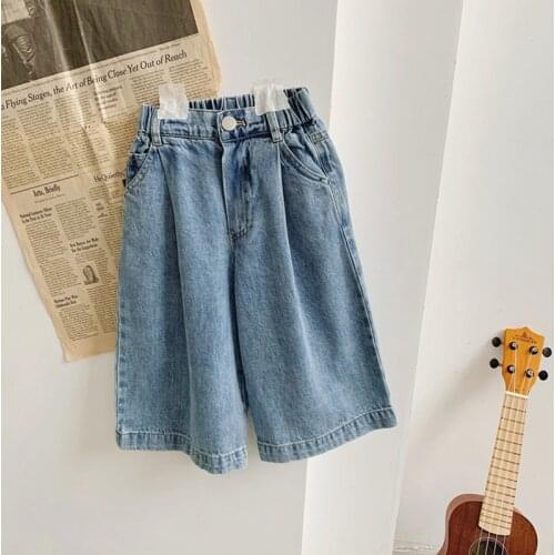 2021 Summer New Korean Style Toddlers Kids Wide-Leg Pants Loose Soft Children Straight Denim Trousers Baby Girls Casual Jeans