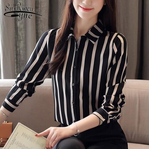 New Striped Long Sleeve Chiffon Blouse Women Shirt OL Button Cardigan 2021 Womens Blouse Shirt Camisas Mujer Plus Size 6765 50