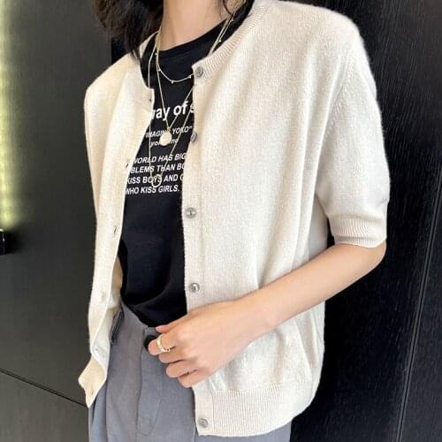 2021 spring and summer new ladies knitted cardigan five-point sleeve 100% pure wool cashmere knitted short-sleeved T-shirt women