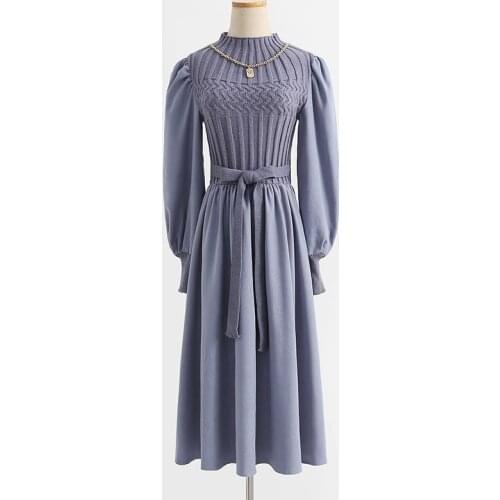 Autumn/Winter 2021 New solid-color knitted stitched dress with chain temperament with bubble sleeve bottom dress girl