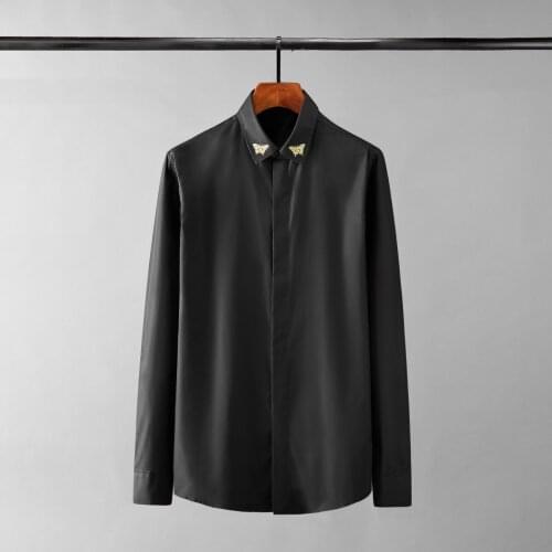 New White Black Mens Shirts Luxury Gold Butterfly Embroidery Long Sleeve Mens Dress Shirts Fashion Slim Fit Party Male Shirts