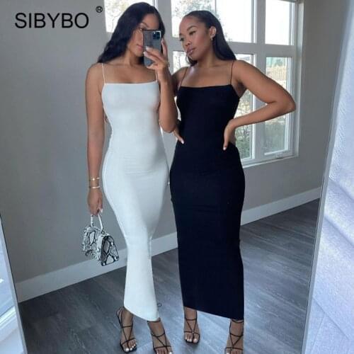 Sibybo Black Spaghetti Strap Maxi Dresses For Women Summer Sleeveless Bodycon Party Dress Femme Autumn Suspender Sexy Long Dress
