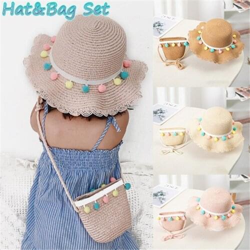 2pcs Hand-Knitted Straw Beach Summer Vacation Sun Protection Breathable Wide Brim Sunshade Hat and Bag Suit