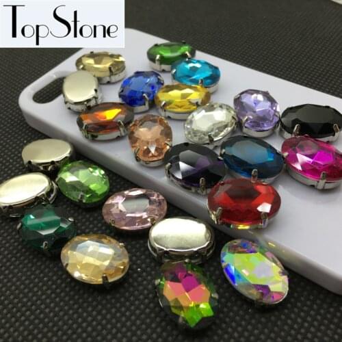 TopStone Colors Sew On GLASS Crystals Oval Shape Fancy Stone with Metal Claw Setting 6x8~20x30mm for Sewing Jewelry Making