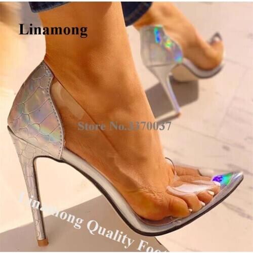 Linamong Sexy Clear PVC Reflective Patchwork Stiletto Heel Pumps Slip-on Transparent High Heels Formal Dress Shoes Wedding Shoes