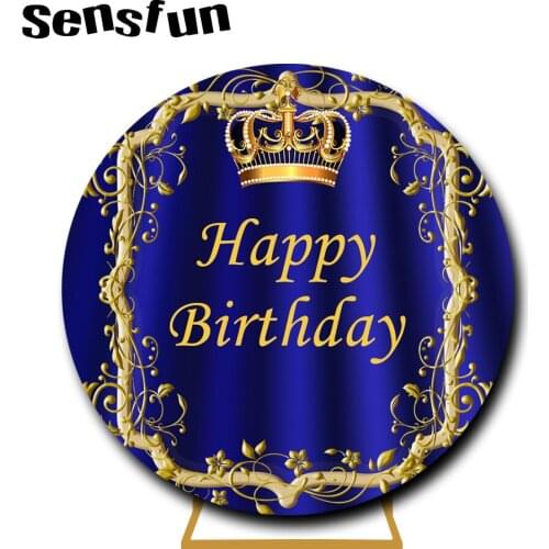 Sensfun Round Circle Backdrop Cover Royal Blue Gold Crown Boys Newborn Baby Shower 1st Birthday Party Background Photo Studio