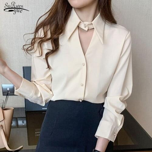 2020 Autumn Korean Style Long Sleeve Lapel Hollow Silk Chiffon Shirt Women White Blouse Beaded Shirt Tops Chemisier Femme 10561