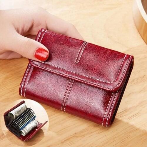 Women Wallets Short Business Card Holder Oil Wax Leather Credit Card Holder Female Card Case Mini Coin Purse Ladies Small Wallet