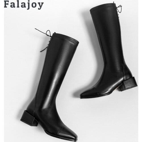 Falajoy Black Knee High Boots Square Toe British Style Strappy Heeled Knee High Genuine Leather Boots Women 2021 Plus Size 41 42