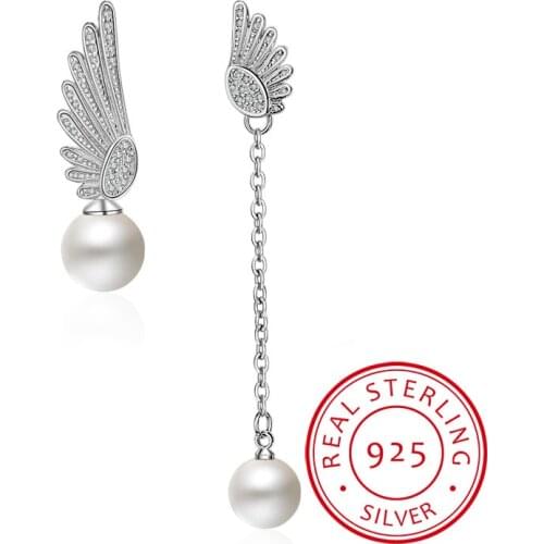 Asymmetric Angel Wings Stud Earrings Long Created Pearl Earring For Women Zirconia 925 sterling silver Angel Wing Jewelry UE0221