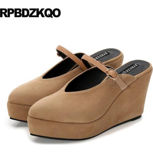 Retro platform wedge shoes mules slipper vintage high heels women size 4 34 ladies pumps 2019 strap 33 pointed toe suede korean