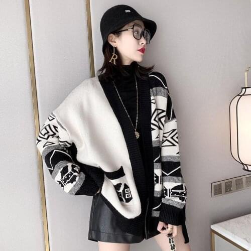 2021 Spring And Autumn New Loose Knit Cardigan Women Lazy Wind Fairy Geometric Pattern Sweater Fashion