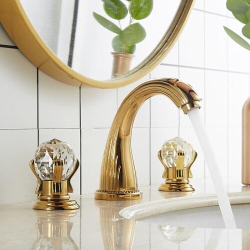 Basin Faucet Gold Bathroom Sink Faucet 3 Hole Widespread Basin Mixer Hot And Cold Brass amd Crystal Water Tap New