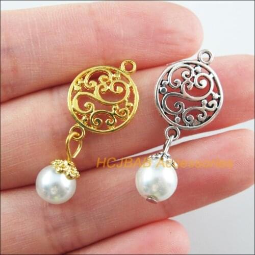 18Pcs Gold Tibetan Silver Tone Flower White Glass Beads Charms Pendants 14x32mm