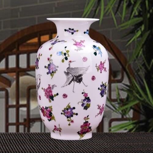 Antique Jingdezhen Luminous Ceramic Vase With Flowers and Crane Patterns Ceramic Table Vase Porcelain Decorative Vase
